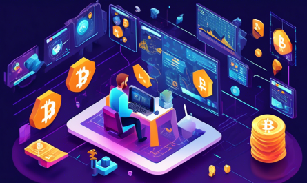 Create an isometric illustration that represents a beginner's guide to crypto trading. The scene should feature a friendly, helpful robot explaining a clear and simple trading interface on a large screen to a human. Around them, icons representing various cryptocurrencies like Bitcoin, Ethereum, and Litecoin should be visible. The setting should feel modern and digital with hints of futuristic technology but maintain a welcoming and educational atmosphere.