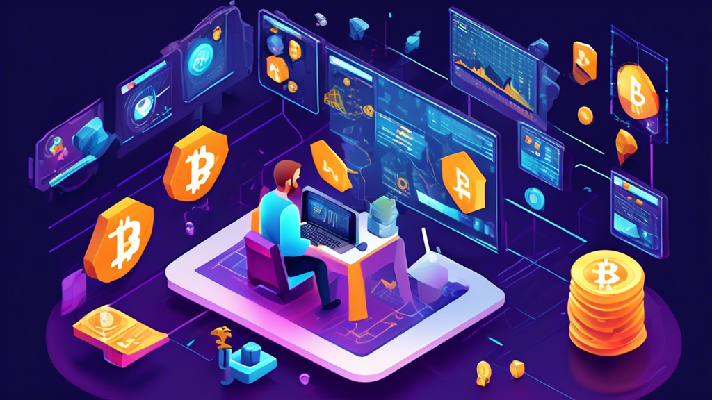 Create an isometric illustration that represents a beginner's guide to crypto trading. The scene should feature a friendly, helpful robot explaining a clear and simple trading interface on a large screen to a human. Around them, icons representing various cryptocurrencies like Bitcoin, Ethereum, and Litecoin should be visible. The setting should feel modern and digital with hints of futuristic technology but maintain a welcoming and educational atmosphere.