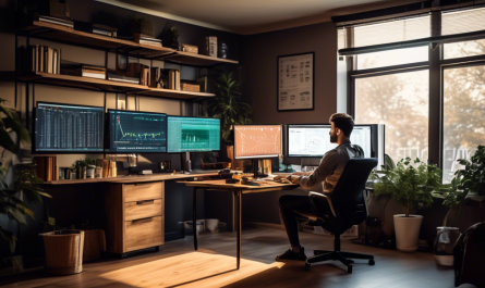 Create an image of a person sitting at a desk in a modern home office, focused on multiple computer screens displaying cryptocurrency charts, news, and trading platforms. The room is well-lit with natural light coming through a window, and the desk is organized with a notebook, pen, and a cup of coffee. In the background, there are bookshelves with books related to finance, trading, and cryptocurrencies. Include a few decorative elements like a plant and motivational posters on the wall. The overall atmosphere should be encouraging, professional, and conducive to learning and trading.