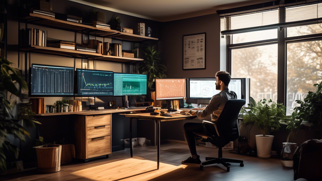 Create an image of a person sitting at a desk in a modern home office, focused on multiple computer screens displaying cryptocurrency charts, news, and trading platforms. The room is well-lit with natural light coming through a window, and the desk is organized with a notebook, pen, and a cup of coffee. In the background, there are bookshelves with books related to finance, trading, and cryptocurrencies. Include a few decorative elements like a plant and motivational posters on the wall. The overall atmosphere should be encouraging, professional, and conducive to learning and trading.