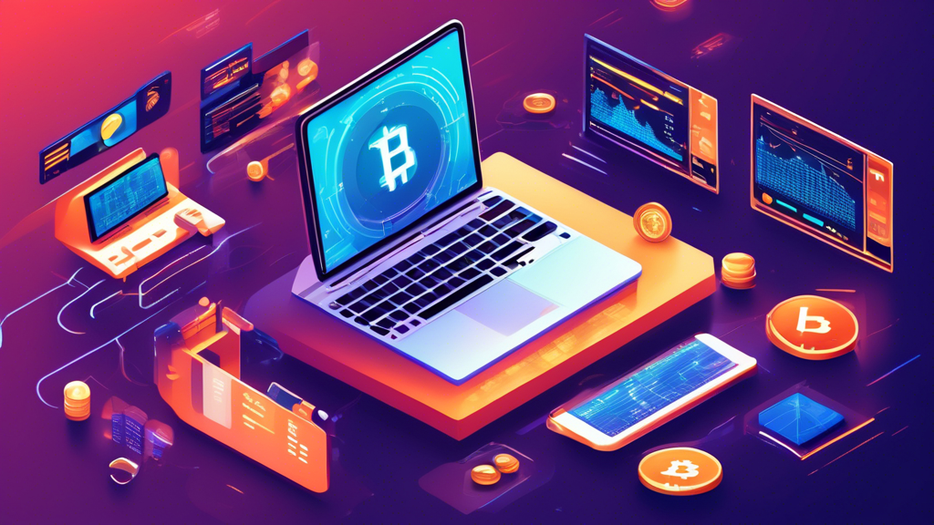 Create an illustration of a modern digital marketplace where diverse users are analyzing and comparing different crypto trading platforms. Include elements like laptops, smartphones, and various cryptocurrency symbols. The background should feature a sleek interface showcasing charts, user reviews, and security features. Ensure the setting reflects a futuristic and high-tech environment.