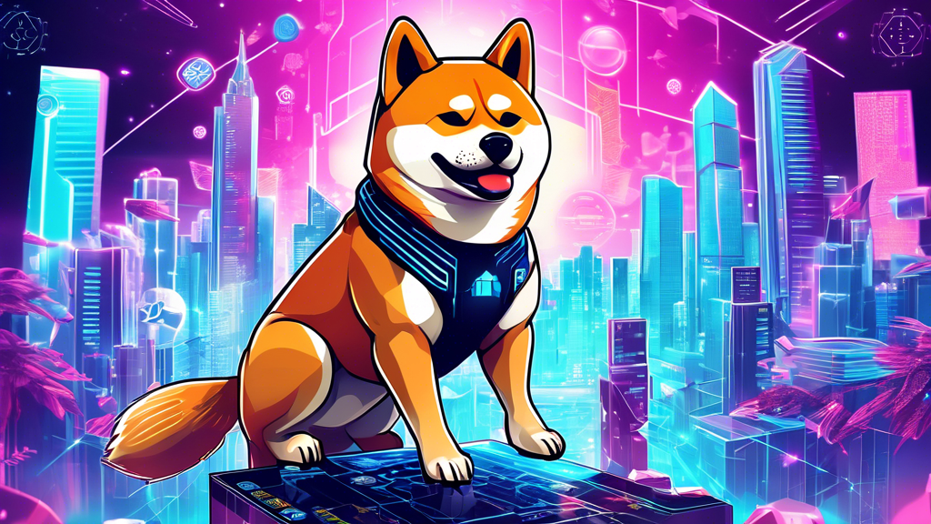 Create a detailed digital illustration depicting the rise of Shiba Inu Coin in the cryptocurrency market. The image should feature a Shiba Inu dog wearing sunglasses and a futuristic suit, standing proudly on top of ascending cryptocurrency bars and graphs. Surround the dog with futuristic elements like holographic charts, digital currency symbols, and a vibrant cityscape in the background, highlighting the dynamic and growing world of cryptocurrency. Make the image colorful and engaging, reflecting the excitement and rapid rise of Shiba Inu Coin.