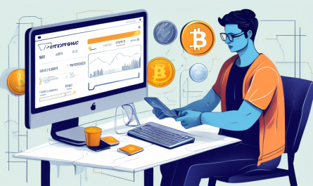 Create an illustration of a person sitting at a computer, on a website, purchasing cryptocurrency using a credit card. Show the computer screen with a cryptocurrency exchange platform and options for various cryptocurrencies like Bitcoin, Ethereum, and Litecoin. Include visual elements such as a credit card in the person’s hand, a digital wallet on the desk, and a growing graph or a Bitcoin symbol to signify rising value. The scene should be clean, modern, and technology-focused, capturing the ease and simplicity of buying crypto with a credit card.