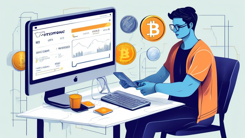 Create an illustration of a person sitting at a computer, on a website, purchasing cryptocurrency using a credit card. Show the computer screen with a cryptocurrency exchange platform and options for various cryptocurrencies like Bitcoin, Ethereum, and Litecoin. Include visual elements such as a credit card in the person’s hand, a digital wallet on the desk, and a growing graph or a Bitcoin symbol to signify rising value. The scene should be clean, modern, and technology-focused, capturing the ease and simplicity of buying crypto with a credit card.