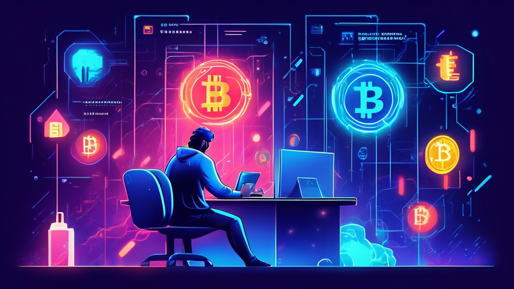 Create an image of a person sitting at a desk, carefully entering their debit card details on a secure cryptocurrency exchange website. The background should display various cryptocurrency symbols like Bitcoin, Ethereum, and Litecoin. The atmosphere should feel safe and professional, with padlock icons and a glowing Secure Transaction sign to emphasize security.