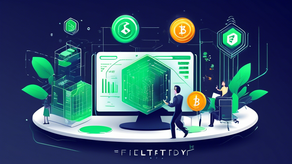 Create a detailed and modern graphic illustration representing the concept of 'Investing in the Future: Fidelity Crypto.' The image should feature futuristic elements like digital currencies, blockchain technology, and advanced financial analytics. Include elements such as charts, graphs, digital coins with the Fidelity logo, and people engaging with technology in a seamless, innovative environment. The overall feel should be dynamic and forward-looking, emphasizing the integration of traditional finance with cutting-edge cryptocurrency advancements.