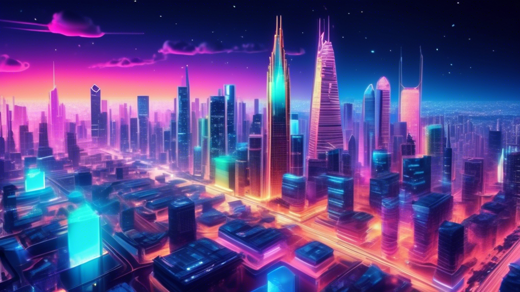 Create a futuristic cityscape where towering skyscrapers display holographic images of various cryptocurrencies like Bitcoin, Ethereum, and others. People are engaging in digital transactions through advanced devices, while traditional bank buildings are being repurposed into technology hubs. The overall scene should highlight the integration of cryptocurrency into everyday life, with vibrant colors denoting a prosperous, high-tech society.