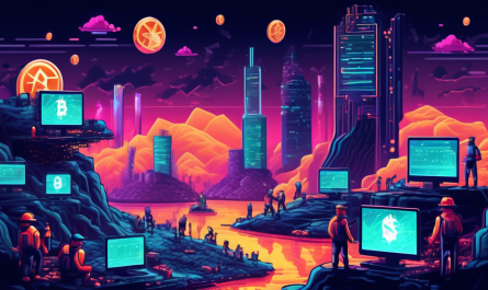 Create an illustration of a futuristic digital landscape where people are using advanced computers to mine cryptocurrencies. Include elements like blockchain networks, digital coins, and data streams. Make the environment high-tech and visually engaging to highlight the concept of crypto mining in an approachable and educational way.