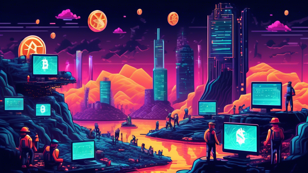 Create an illustration of a futuristic digital landscape where people are using advanced computers to mine cryptocurrencies. Include elements like blockchain networks, digital coins, and data streams. Make the environment high-tech and visually engaging to highlight the concept of crypto mining in an approachable and educational way.