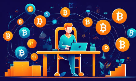 Create an illustration that represents the basics of cryptocurrency. The image should feature a person sitting at a desk with a laptop open, displaying a chart of rising cryptocurrency values. Surrounding the person, include symbols of popular cryptocurrencies like Bitcoin (BTC), Ethereum (ETH), and Ripple (XRP). In the background, incorporate elements that represent financial growth and digital security, such as a vault, padlock, and upward trending arrows. The scene should have a modern, clean look with a focus on education and empowerment for beginners.