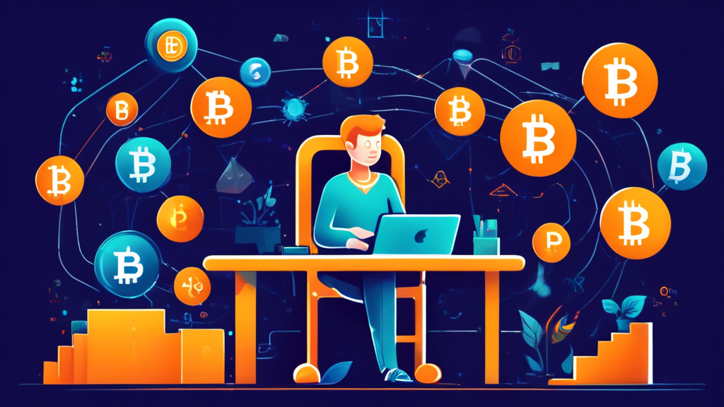 Create an illustration that represents the basics of cryptocurrency. The image should feature a person sitting at a desk with a laptop open, displaying a chart of rising cryptocurrency values. Surrounding the person, include symbols of popular cryptocurrencies like Bitcoin (BTC), Ethereum (ETH), and Ripple (XRP). In the background, incorporate elements that represent financial growth and digital security, such as a vault, padlock, and upward trending arrows. The scene should have a modern, clean look with a focus on education and empowerment for beginners.