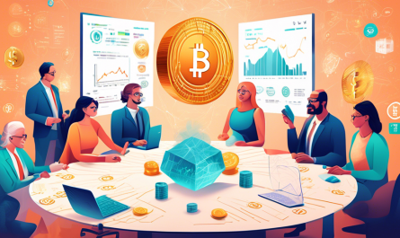 Create an illustration depicting the financial benefits of a Crypto IRA. The image should feature a diverse group of people discussing investment options around a modern conference table, with charts and graphs showing cryptocurrency growth. In the background, integrate subtle elements representing traditional retirement symbols like a piggy bank and a nest egg, alongside digital currencies like Bitcoin and Ethereum. Highlight a secure, futuristic vault symbolizing the safety and potential growth of a Crypto IRA. Ensure the atmosphere is informative and optimistic.