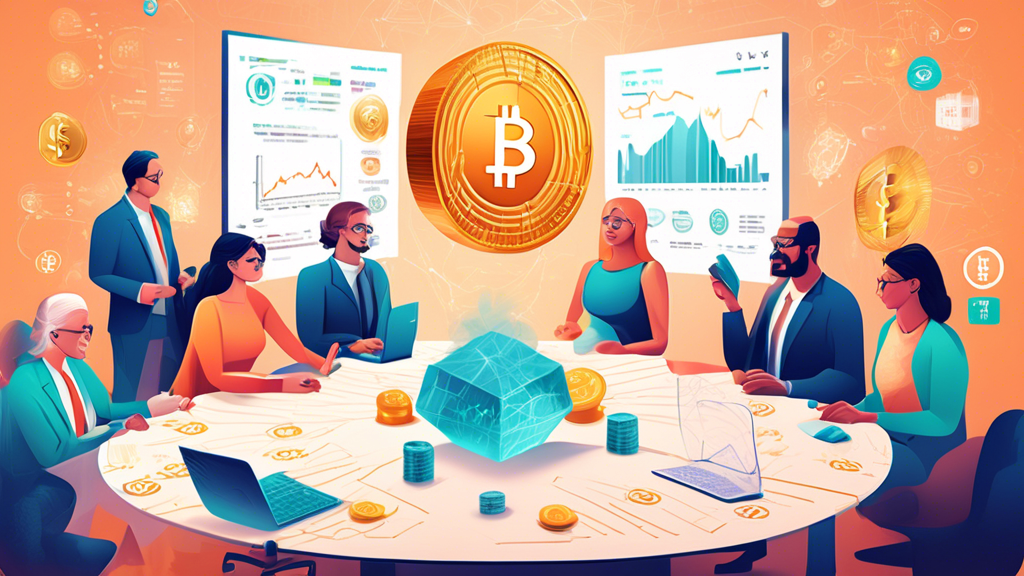 Create an illustration depicting the financial benefits of a Crypto IRA. The image should feature a diverse group of people discussing investment options around a modern conference table, with charts and graphs showing cryptocurrency growth. In the background, integrate subtle elements representing traditional retirement symbols like a piggy bank and a nest egg, alongside digital currencies like Bitcoin and Ethereum. Highlight a secure, futuristic vault symbolizing the safety and potential growth of a Crypto IRA. Ensure the atmosphere is informative and optimistic.