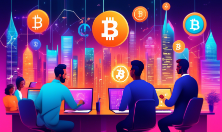 Create an image of a diverse group of people engaging with various devices while looking at a colorful digital trading platform on screens. The background should show a futuristic cityscape with symbols of cryptocurrencies like Bitcoin, Ethereum, and others floating in the air. Include elements that represent guidance and learning, such as charts, books, and lightbulbs, conveying the theme of a beginner's guide to trading and investing in crypto exchanges.