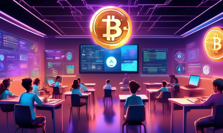 Create a detailed and vibrant digital illustration of a futuristic classroom where diverse students of all ages are learning about cryptocurrency. The scene includes holographic screens, digital tokens floating in mid-air, and a dynamic blackboard with diagrams of blockchain, wallets, and various cryptocurrencies like Bitcoin and Ethereum. The atmosphere should be engaging and educational, with elements that convey the complex world of cryptocurrency in an accessible and intriguing way.