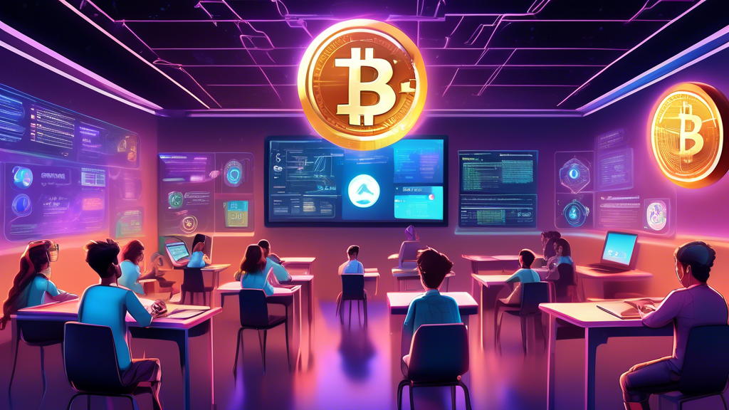 Create a detailed and vibrant digital illustration of a futuristic classroom where diverse students of all ages are learning about cryptocurrency. The scene includes holographic screens, digital tokens floating in mid-air, and a dynamic blackboard with diagrams of blockchain, wallets, and various cryptocurrencies like Bitcoin and Ethereum. The atmosphere should be engaging and educational, with elements that convey the complex world of cryptocurrency in an accessible and intriguing way.