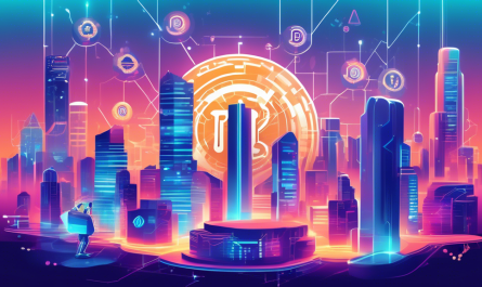 Create a digital illustration showing the futuristic growth trends of Pi Network cryptocurrency, featuring a dynamic graph with increasing values, Pi Network logos, and a futuristic cityscape in the background. Include elements of technology and innovation, such as blockchain symbols, holograms, and a diverse group of people using mobile devices to mine or trade Pi.