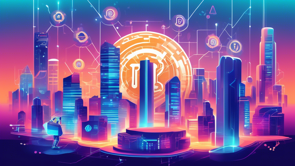 Create a digital illustration showing the futuristic growth trends of Pi Network cryptocurrency, featuring a dynamic graph with increasing values, Pi Network logos, and a futuristic cityscape in the background. Include elements of technology and innovation, such as blockchain symbols, holograms, and a diverse group of people using mobile devices to mine or trade Pi.