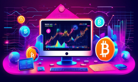 A highly detailed digital illustration of a futuristic trading platform displaying cryptocurrency charts and graphs. Screens show cryptocurrencies like Bitcoin, Ethereum, and others, with vibrant colors and dynamic lines. Traders, depicted with a mix of excitement and focus, interact with the platform on their computers and mobile devices. The background includes elements representing Webull, such as its logo and innovative interface, all set in a sleek, modern environment.