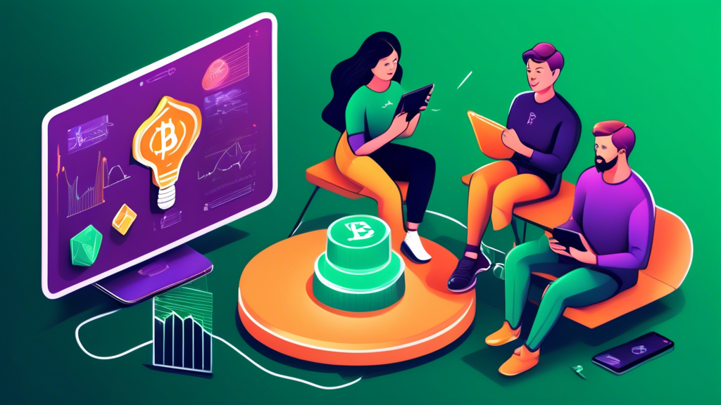 Create an illustration for a beginner's guide on using Robinhood Crypto. Feature a friendly, diverse group of people gathered around a digital tablet with the Robinhood app open, showcasing charts and cryptocurrency symbols like Bitcoin and Ethereum. Include elements like a lightbulb to signify ideas and learning, and a guidebook titled Robinhood Crypto on a table beside them. Use a modern, inviting design with bright, engaging colors to make it approachable for beginners.