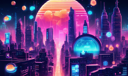 Create an image of a futuristic city where digital coins representing various altcoins float in the sky, connected by glowing blockchain networks. Include symbols and logos for popular altcoins like Ethereum, Ripple, and Litecoin. The city's architecture should be modern and cyberpunk-inspired, with holographic billboards and a space-age color palette.