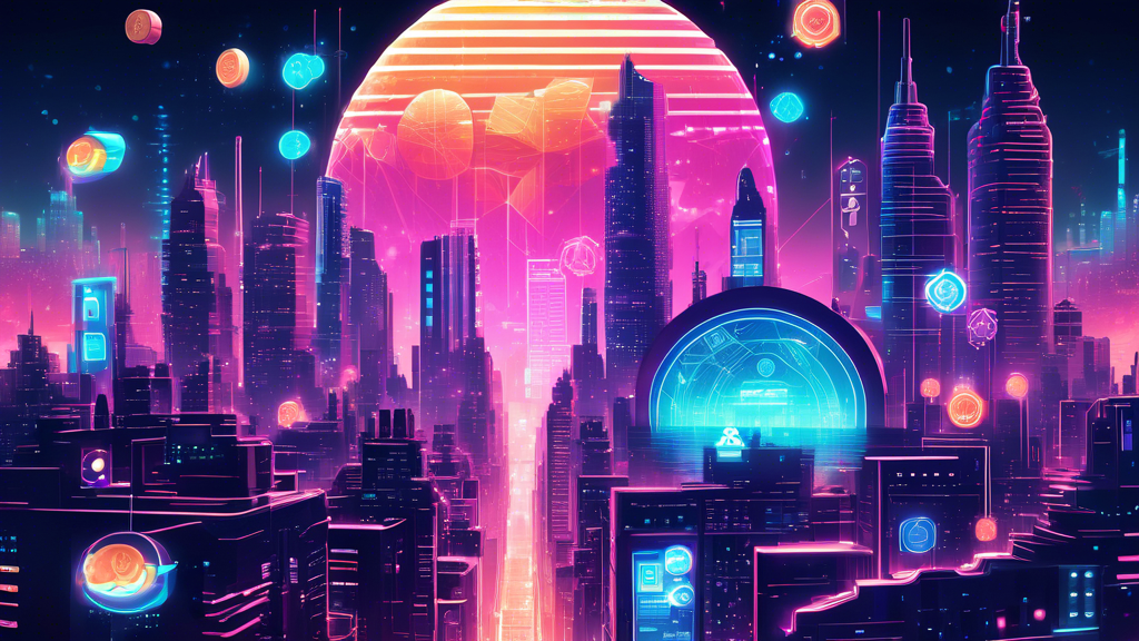 Create an image of a futuristic city where digital coins representing various altcoins float in the sky, connected by glowing blockchain networks. Include symbols and logos for popular altcoins like Ethereum, Ripple, and Litecoin. The city's architecture should be modern and cyberpunk-inspired, with holographic billboards and a space-age color palette.