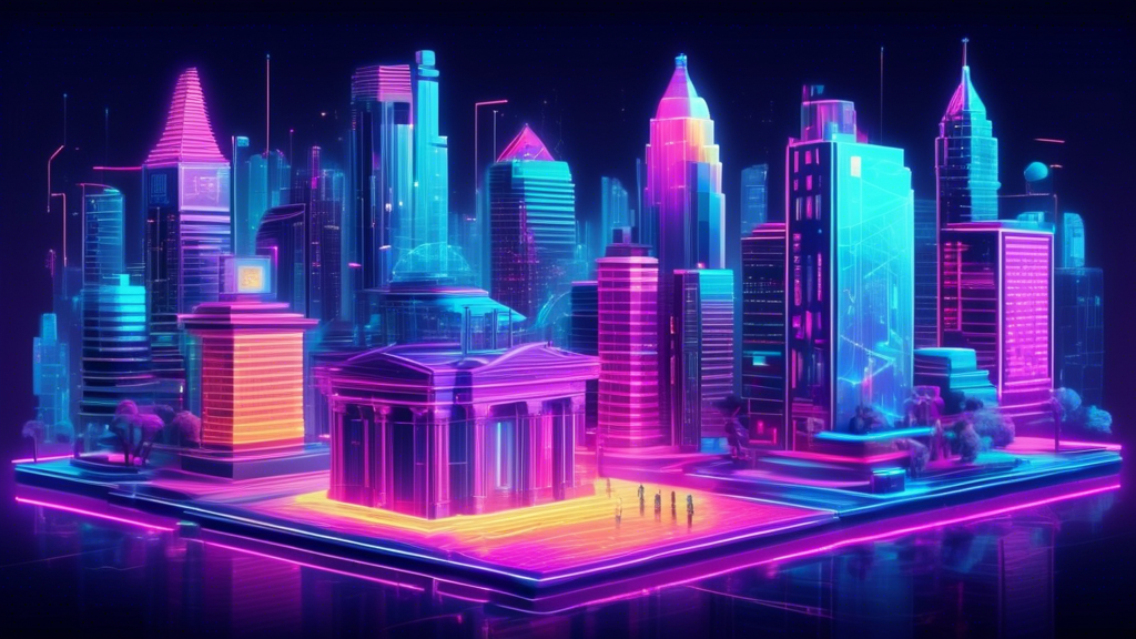 Create a futuristic cityscape where traditional bank buildings are transformed into high-tech crypto banks, with holographic signs, digital interfaces, and blockchain-inspired architecture. Include diverse people using smartphones and tablets to interact with these banks, symbolizing the future of digital finance.