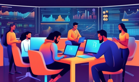 Create an illustration that features a diverse group of people engaging with cryptocurrency investment for the first time. The setting is a modern workspace filled with computers displaying various blockchain networks and cryptocurrency charts. Some individuals are using laptops or smartphones to make transactions, while others are reading guides or watching tutorials. Include visual representations of popular cryptocurrencies like Bitcoin and Ethereum, alongside elements like digital wallets and security shields to symbolize safe investing. The overall tone should be educational and empowering, reflecting a sense of curiosity and optimism.