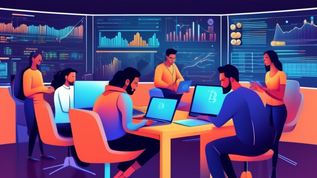 Create an illustration that features a diverse group of people engaging with cryptocurrency investment for the first time. The setting is a modern workspace filled with computers displaying various blockchain networks and cryptocurrency charts. Some individuals are using laptops or smartphones to make transactions, while others are reading guides or watching tutorials. Include visual representations of popular cryptocurrencies like Bitcoin and Ethereum, alongside elements like digital wallets and security shields to symbolize safe investing. The overall tone should be educational and empowering, reflecting a sense of curiosity and optimism.