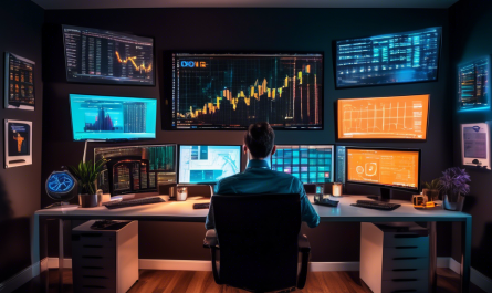 Create a vibrant and dynamic image of a person day trading cryptocurrencies in a modern, sleek home office setup. The individual is focused on multiple computer screens displaying real-time crypto charts and analysis. The background includes various elements like cryptocurrency symbols (Bitcoin, Ethereum, etc.), financial graphs, and a cup of coffee. The atmosphere exudes excitement and concentration, capturing the fast-paced world of day trading in the crypto market.