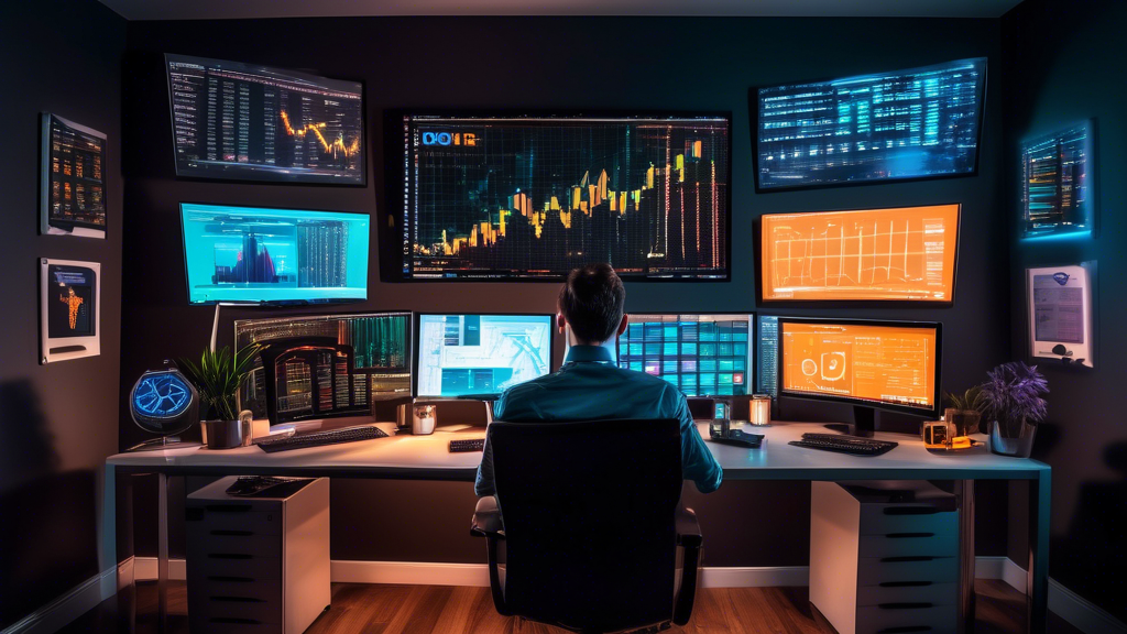 Create a vibrant and dynamic image of a person day trading cryptocurrencies in a modern, sleek home office setup. The individual is focused on multiple computer screens displaying real-time crypto charts and analysis. The background includes various elements like cryptocurrency symbols (Bitcoin, Ethereum, etc.), financial graphs, and a cup of coffee. The atmosphere exudes excitement and concentration, capturing the fast-paced world of day trading in the crypto market.