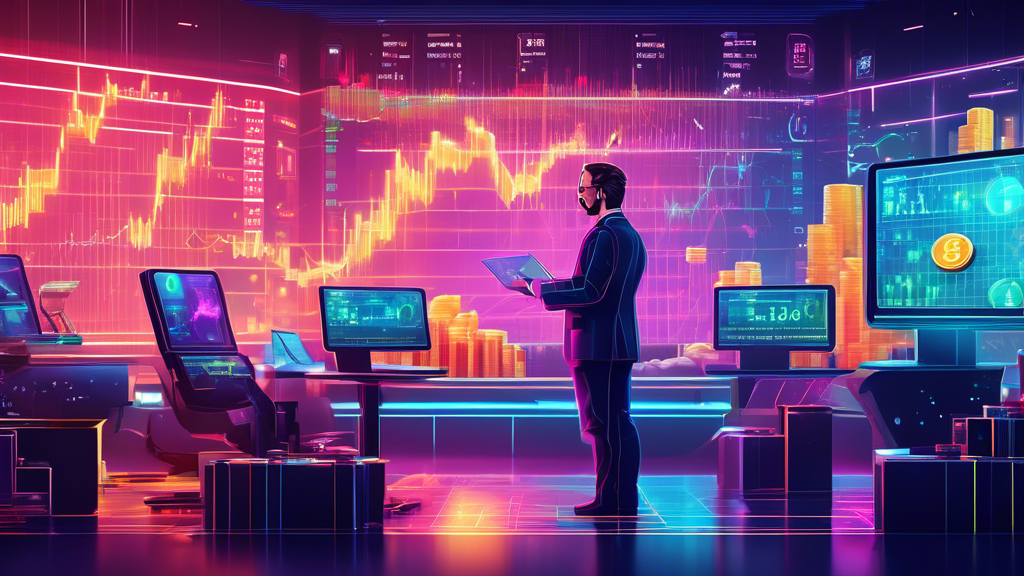 Create an image showing a futuristic stock market scene in 2024 with vibrant charts and holographic displays highlighting various cryptocurrencies. Include symbols of popular cryptocurrencies like Bitcoin, Ethereum, and emerging coins prominently. The background should be a high-tech financial hub with traders in modern attire interacting with digital interfaces.