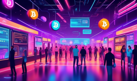 Create a futuristic digital marketplace scene in 2023 where people are buying cryptocurrency. The setting should include holographic screens, advanced technology, and a bustling virtual marketplace. Showcase various well-known cryptocurrency icons like Bitcoin, Ethereum, and Dogecoin prominently displayed. The atmosphere should be vibrant and secure, reflecting the best place to buy crypto.