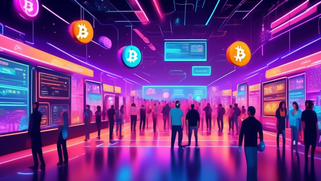 Create a futuristic digital marketplace scene in 2023 where people are buying cryptocurrency. The setting should include holographic screens, advanced technology, and a bustling virtual marketplace. Showcase various well-known cryptocurrency icons like Bitcoin, Ethereum, and Dogecoin prominently displayed. The atmosphere should be vibrant and secure, reflecting the best place to buy crypto.