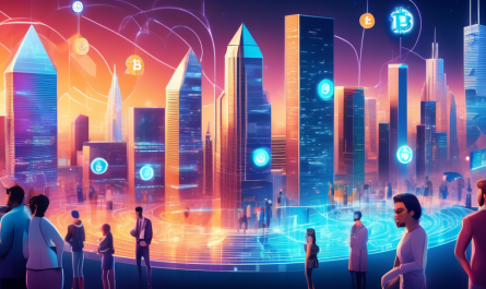 Create an image depicting the rise and future of cryptocurrencies: a futuristic cityscape with towering digital buildings made of binary code and blockchain symbols. In the foreground, a diverse group of people from various backgrounds are engaging in transactions using different cryptocurrencies, represented by floating digital coins like Bitcoin, Ethereum, and others. Include holographic charts and graphs showcasing the growth of the cryptocurrency market, blending the elements of technology, finance, and community.