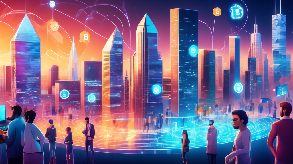 Create an image depicting the rise and future of cryptocurrencies: a futuristic cityscape with towering digital buildings made of binary code and blockchain symbols. In the foreground, a diverse group of people from various backgrounds are engaging in transactions using different cryptocurrencies, represented by floating digital coins like Bitcoin, Ethereum, and others. Include holographic charts and graphs showcasing the growth of the cryptocurrency market, blending the elements of technology, finance, and community.