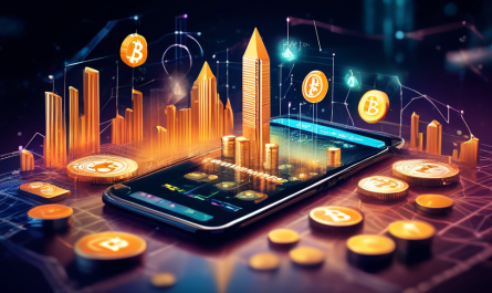 Create an image that depicts the rise of cryptocurrency apps and their impact on digital finance. The scene should feature a modern smartphone with various crypto app icons on its screen, surrounded by symbols of digital currency like Bitcoin, Ethereum, and blockchain graphics. In the background, include elements representing financial growth and transformation such as upward trending graphs, digital coins, and a futuristic cityscape suggesting a technologically advanced society. The overall vibe should be dynamic and forward-looking, illustrating the transformation of digital finance.