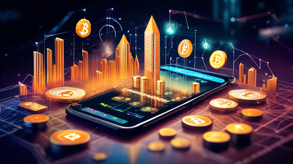 Create an image that depicts the rise of cryptocurrency apps and their impact on digital finance. The scene should feature a modern smartphone with various crypto app icons on its screen, surrounded by symbols of digital currency like Bitcoin, Ethereum, and blockchain graphics. In the background, include elements representing financial growth and transformation such as upward trending graphs, digital coins, and a futuristic cityscape suggesting a technologically advanced society. The overall vibe should be dynamic and forward-looking, illustrating the transformation of digital finance.