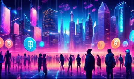 Create an image depicting the concept of The Rise of Free Crypto: Unlocking the Future of Digital Currency. Show a futuristic cityscape illuminated by neon lights, with digital currency symbols like Bitcoin, Ethereum, and others floating in the sky. Include diverse groups of people celebrating and using holographic devices to exchange free crypto. In the background, display towering, blockchain-like structures symbolizing security and decentralization. Emphasize a sense of innovation and accessibility.