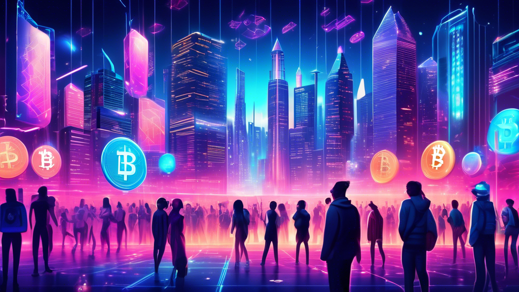 Create an image depicting the concept of The Rise of Free Crypto: Unlocking the Future of Digital Currency. Show a futuristic cityscape illuminated by neon lights, with digital currency symbols like Bitcoin, Ethereum, and others floating in the sky. Include diverse groups of people celebrating and using holographic devices to exchange free crypto. In the background, display towering, blockchain-like structures symbolizing security and decentralization. Emphasize a sense of innovation and accessibility.