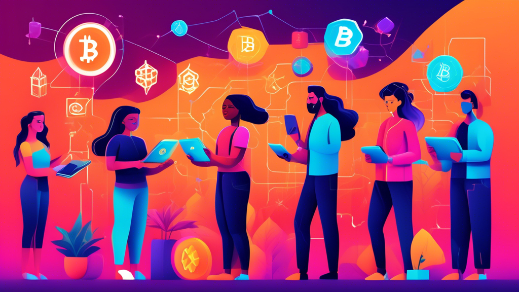 Create a high-resolution digital illustration featuring a diverse group of people, each holding a different type of crypto wallet, such as hardware wallets, mobile wallets, and desktop wallets. In the background, include a vibrant blockchain network connected to various cryptocurrencies like Bitcoin and Ethereum. The scene should have a friendly and educational vibe, with a mix of modern technology elements and an inviting color palette to signify the beginner-friendly nature of the guide.