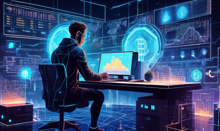 A highly detailed and futuristic illustration of a person surrounded by holographic charts, digital coins, and blockchain symbols, sitting at a modern desk while using multiple high-tech devices to research and invest in cryptocurrency, with a dynamic cityscape in the background hinting at the global impact of digital currencies.