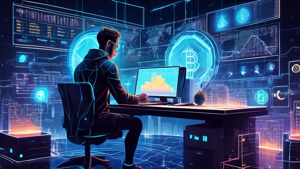 A highly detailed and futuristic illustration of a person surrounded by holographic charts, digital coins, and blockchain symbols, sitting at a modern desk while using multiple high-tech devices to research and invest in cryptocurrency, with a dynamic cityscape in the background hinting at the global impact of digital currencies.