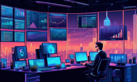 Create a high-tech, futuristic scene of a financial analyst closely monitoring cryptocurrency prices on multiple holographic screens. The setting is a modern office with a panoramic cityscape view, where the analysts' desks are filled with gadgets, charts, and graphs displaying fluctuating values of Bitcoin, Ethereum, and other cryptocurrencies.