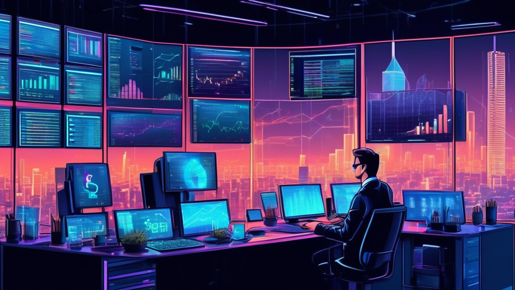 Create a high-tech, futuristic scene of a financial analyst closely monitoring cryptocurrency prices on multiple holographic screens. The setting is a modern office with a panoramic cityscape view, where the analysts' desks are filled with gadgets, charts, and graphs displaying fluctuating values of Bitcoin, Ethereum, and other cryptocurrencies.