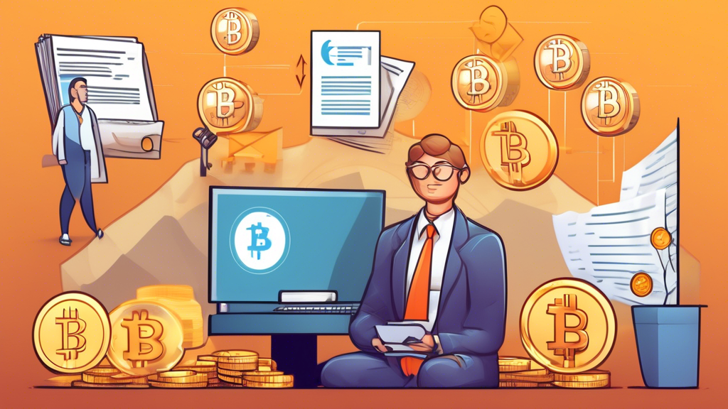 Create an image that illustrates the concept of cryptocurrency taxation for beginners. The scene should depict a digital ledger with cryptocurrency icons such as Bitcoin and Ethereum, alongside traditional tax documents. Include a friendly guide character, like a person or cartoon figure, explaining the process in simple terms. The background should blend elements of both digital and traditional financial worlds, emphasizing the bridge between cryptocurrencies and tax regulations.