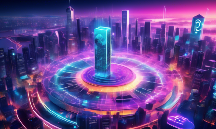 Create an image of a futuristic digital ecosystem with a focus on the Pi Coin cryptocurrency. Depict a vibrant, tech-savvy city skyline featuring holographic Pi Coin symbols, connected by a web of bright, glowing blockchain lines. Include diverse people using smartphones and advanced digital technology to transact with Pi Coin seamlessly. Emphasize an atmosphere of innovation and connectivity, with floating digital interfaces and virtual reality elements.