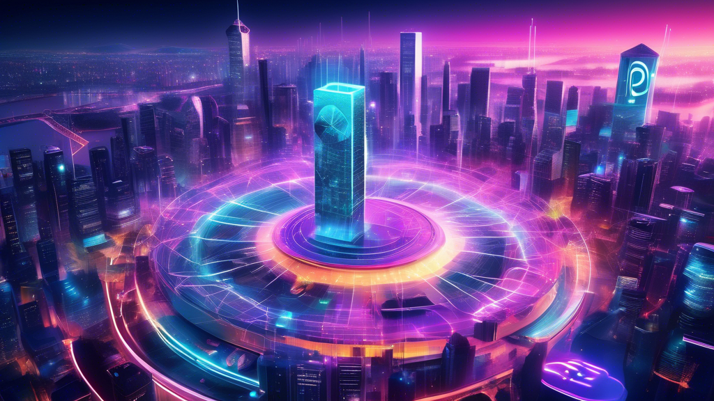 Create an image of a futuristic digital ecosystem with a focus on the Pi Coin cryptocurrency. Depict a vibrant, tech-savvy city skyline featuring holographic Pi Coin symbols, connected by a web of bright, glowing blockchain lines. Include diverse people using smartphones and advanced digital technology to transact with Pi Coin seamlessly. Emphasize an atmosphere of innovation and connectivity, with floating digital interfaces and virtual reality elements.