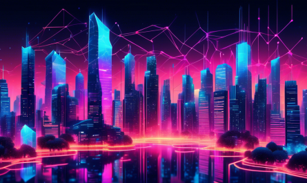 Create an image of a futuristic cityscape with sleek skyscrapers and advanced technology, where multiple interconnected polygonal networks represent blockchain connections floating in the sky. Highlight vibrant neon colors and digital elements to symbolize innovation and growth in blockchain scaling technology.