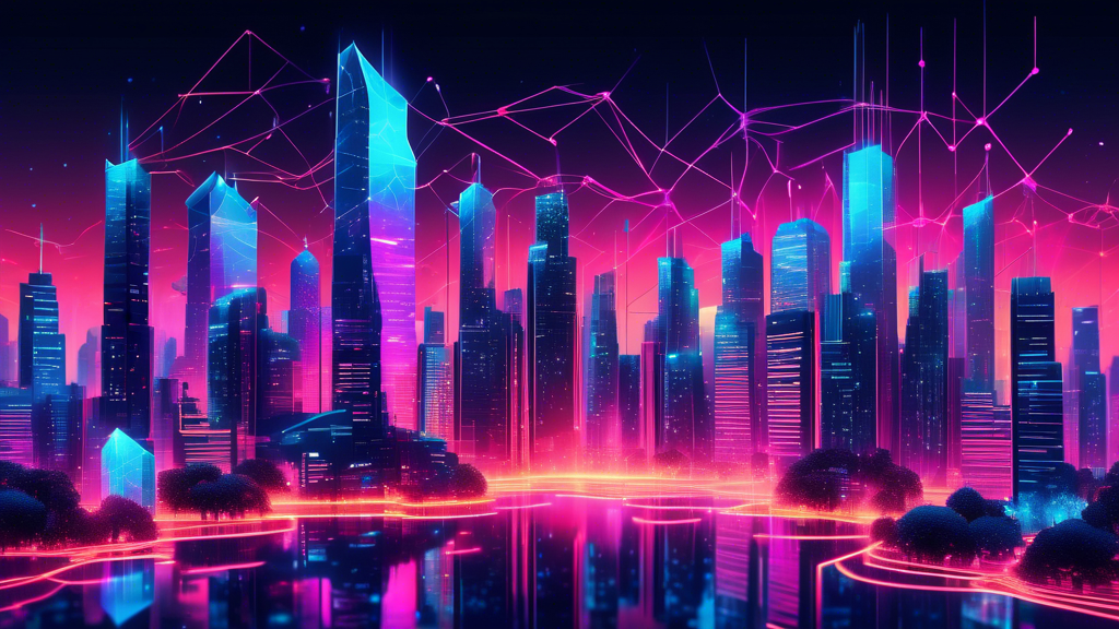 Create an image of a futuristic cityscape with sleek skyscrapers and advanced technology, where multiple interconnected polygonal networks represent blockchain connections floating in the sky. Highlight vibrant neon colors and digital elements to symbolize innovation and growth in blockchain scaling technology.